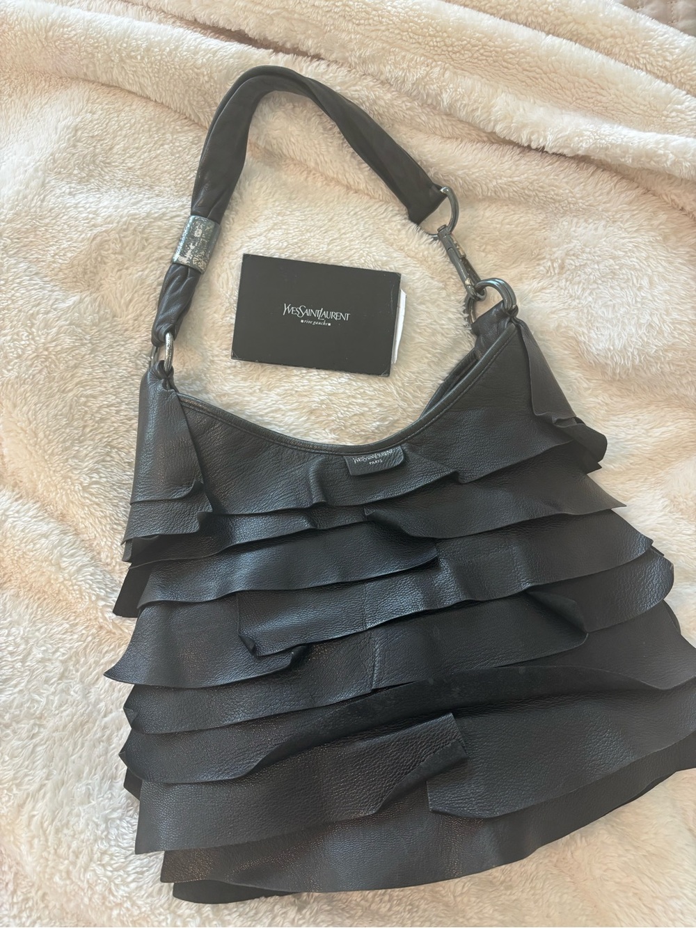 Yves Saint Laurent Black Layered Ruffle Leather Shoulder Bag
